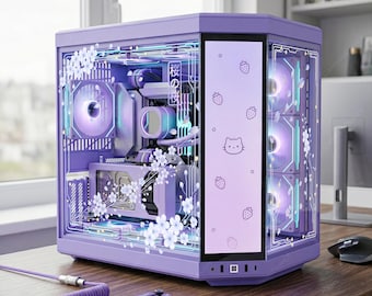 Cyber Sakura Purple PC Skin - Digital Cherry Blossom Cling Decal for Hyte Y70 Y60 Lian Li O11 - Aesthetic Purple & White Floral PC Decor