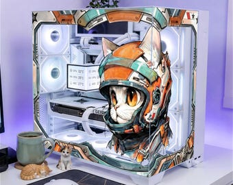 Sci-Fi Mecha Cat PC Case Skin - Custom Fit For ANY PC - Retro Futuristic Gaming Setup Decor - Reusable Cling Decal Space Feline