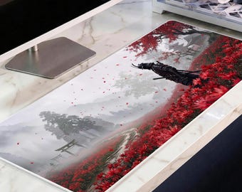Japanese Samurai Desk Mat, Red Spider Lily Mousepad, Dark Ronin XL Deskpad, Feudal Japan Gaming Mat, Cinematic Aesthetic, 4mm Thick
