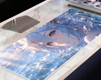 Sparkling Anime Water Girl Desk Mat, Blue Ocean Aesthetic Mousepad, Kawaii Hydro XL Gaming Deskpad, Premium 4mm Thick