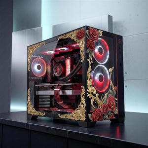 May include: A black computer case with a glass side panel, adorned with red roses and gold filigree. The interior features red LED lighting and components. The case sits on a dark surface.