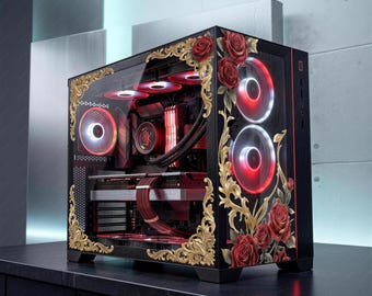 Gothic Rose PC Case Skin - Custom Fit For ANY PC - Dark Romantic Gold Baroque Gaming Decor - Reusable Static Cling Decal Glass Wrap