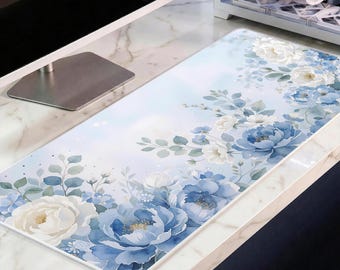 Blue Floral Mouse Pad XXL, Aesthetic Desk Mat, Cute Flower Desk Setup, Soft Girl Desk Decor, Large Gaming Mousepad