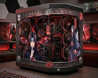 Anime PC Case Glass Skin – Akatsuki Itachi Static Cling Panel, Red Aesthetic Gaming Setup Decor, Custom PC Case Wrap, Otaku Gift