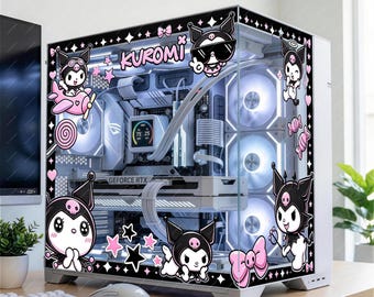 Kawaii Goth Demon Bunny PC Case Skin - Custom Fit - Black & Pink Punk Anime Gaming Setup Decor - Adhesive-Free Reusable Decal Wrap - PC Skin
