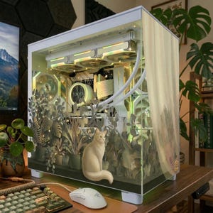 May include: A white computer case with a glass side panel, featuring a cat illustration and a garden scene. The internal components are visible, including fans and a water cooling system. The word "TOKYO" is visible on a component.