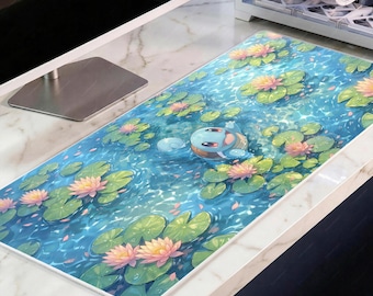Kawaii Water Turtle Desk Mat, Lily Pad Pond Mousepad, Cute Anime XL Deskpad, Pastel Blue Cozy Gaming Mat, 4mm Thick, White Edge