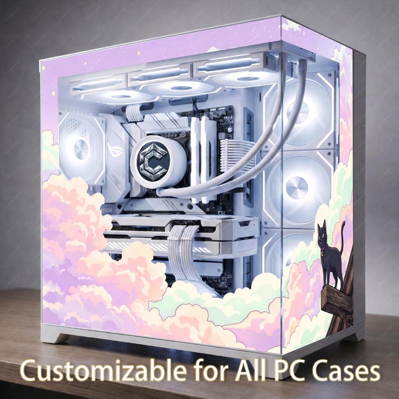 Cozy Pastel Cloud PC Case Skin - Black Cat Anime Gaming Desk Decor ...