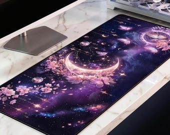 Celestial Moon Sakura Desk Mat, Purple Galaxy Butterfly Mousepad, XL Aesthetic Whimsigoth Deskpad, Magical Fantasy Gaming Mat, 4mm Thick