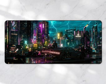 Cyberpunk Night City Desk Mat, Neon Street Futuristic Car Mousepad, Sci-Fi Gaming XL Deskpad, Synthwave Aesthetic, 4mm Thick Pad