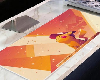 Gelbe elektrische Maus Schreibtischmatte, geometrische Sonnenuntergang Anime Maus, Retro Gamer XL Schreibtischunterlage, warmes Orange Minimalistische Spielmatte, 4 mm dick