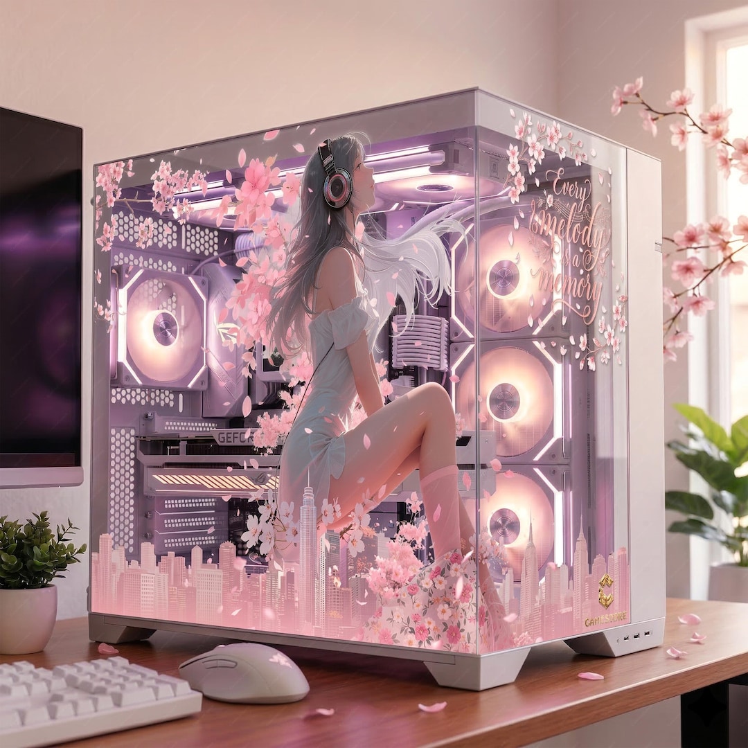 Sakura PC Case Skin | Anime Girl PC Glass Panel Decal | Pink Aesthetic ...