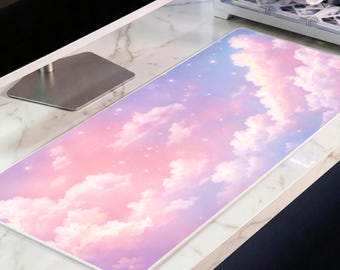 Pink Cloud Aesthetic Desk Mat, Dreamy Pastel Sky Mousepad, Kawaii Purple Sunset Deskpad, Premium 4mm XL Gaming Mat