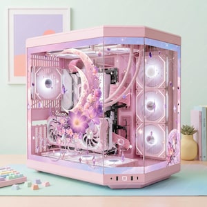 May include: A pink computer case with a glass panel, featuring internal components and decorative floral and moon accents. The case has multiple fans with glowing lights and is decorated with purple flowers and butterflies.