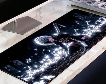 Dark Automata Desk Mat, Glowing White Flowers Mousepad, Cinematic Anime XL Deskpad, Sci-Fi RPG Gaming Mat, Premium 4mm Thick