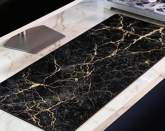 Luxury Black Marble Desk Mat, Gold Vein Kintsugi XL Mousepad, Minimalist Executive Deskpad, Dark Aesthetic Office Decor, Premium Thickness
