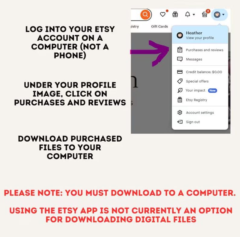 May include: A screenshot with instructions for downloading digital files from Etsy. Text includes "Log into your Etsy account on a computer," "Under your profile image, click on purchases and reviews," and "Download purchased files to your computer."
