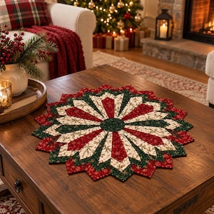 May include: A circular quilted fabric mat featuring a starburst pattern in shades of red, dark green, and cream. The design consists of alternating pointed segments with intricate floral and snowflake-like prints, centered by a dark green circle.