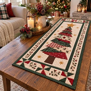 May include: A rectangular quilted table runner featuring a central Christmas tree design composed of layered red, green, and plaid fabric triangles. The border displays a repeating pattern of holly leaves, berries, and pinwheel blocks.
