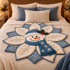 May include: A circular quilted fabric mat featuring a central snowman face with an orange carrot nose, wearing a blue hat and scarf. The mat has alternating cream and blue petal-shaped sections decorated with white stitching and small beads.