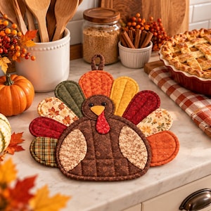 May include: A fabric turkey-shaped pot holder featuring a brown body with floral patterns, surrounded by a fan of quilted tail feathers in various autumn colors including orange, yellow, green, and red with leaf and plaid fabric prints.
