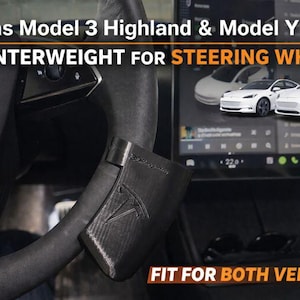 May include: Black Tesla steering wheel counterweight with the Tesla logo. The image includes text that reads "Teslas Model 3 Highland & Model Y COUNTERWEIGHT FOR STEERING WHEEL FIT FOR BOTH VEHICLES."