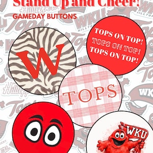 Puede incluir: Una colección de botones redondos rojos y blancos para el día del partido. Los botones presentan el texto "Stand Up and Cheer!" y "Gameday Buttons". Los diseños incluyen un estampado de cebra, la letra "W", la palabra "TOPS" y una mascota de dibujos animados.