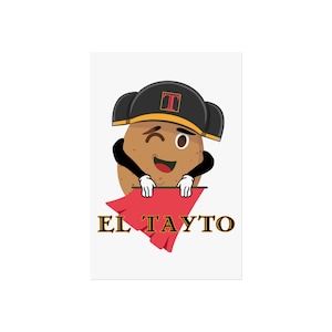Könnte beinhalten: Cartoon-Illustration einer Kartoffel-Figur mit schwarzem Hut mit rotem "T" und roter Flagge. Der Text "EL TAYTO" steht darunter. Die Kartoffel hat ein lächelndes Gesicht und zwinkert.