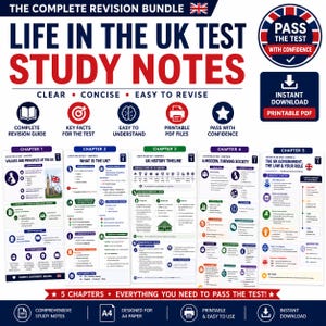 Op de afbeelding: Een uitgebreide studiehandleiding voor de Life in the UK-test. De studienotities zijn duidelijk, beknopt en gemakkelijk te herzien. Inclusief afdrukbare PDF-bestanden en belangrijke feiten voor de test. 5 hoofdstukken met alles wat je nodig hebt om te slagen.