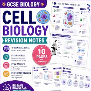 May include: A colorful educational poster for GCSE Biology, featuring the title "Cell Biology Revision Notes." The poster includes diagrams, key facts, and summaries. It also highlights topics like cells, microscopy, and cell transport. The poster is designed for exam preparation.