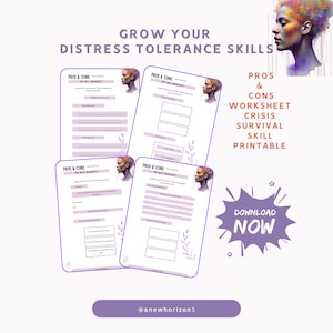 May include: A digital printable featuring four worksheets with the text "PROS & CONS" and "DISTRESS TOLERANCE SKILLS." The image includes the text "PROS & CONS WORKSHEET CRISIS SURVIVAL SKILL PRINTABLE" and "DOWNLOAD NOW."