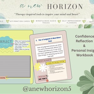 Könnte beinhalten: Ein Arbeitsbuch mit dem Titel "Confidence Reflection & Personal Insight Workbook" mit dem Text "a new HORIZON". Das Bild enthält eine Tagebuchseite mit dem Wort "REFLECT" und eine Seite über "Fear of Judgment & What Others Think".