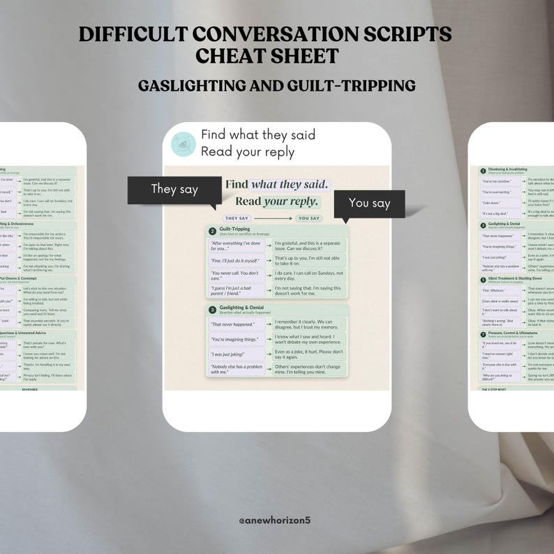 K&ouml;nnte beinhalten: Ein digitales Spickzettel-Dokument mit dem Titel Difficult Conversation Scripts: Gaslighting and Guilt-Tripping. Es enth&auml;lt ein strukturiertes Layout mit Spalten namens They say und You say, die spezifische Antworten auf manipulative Kommunikationstaktiken bieten.