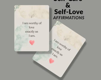 Op de afbeelding: Twee rechthoekige affirmatiekaarten met beige en groene aquarel-achtige wassingen. Elke kaart toont de tekst 'I am worthy of love exactly as I am' met een klein blaadje-icoon en een roze hartje. De tekst 'Self-Care & Self-Love AFFIRMATIONS' en '126 affirmations | 7 domains | 18 each' staat in het zwart.