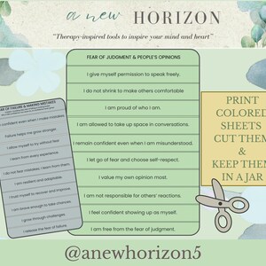 May include: An image with the text "a new HORIZON" and the tagline "Therapy-inspired tools to inspire your mind and heart." It features lists of affirmations for fear of judgment and failure, along with instructions to print, cut, and keep them in a jar. The image includes a social media handle.