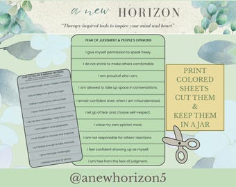 Op de afbeelding: Een afbeelding met de tekst "a new HORIZON" en de slogan "Therapie-geïnspireerde tools om je geest en hart te inspireren." Het bevat lijsten met affirmaties voor angst voor oordeel en falen, samen met instructies om ze af te drukken, uit te knippen en in een pot te bewaren. De afbeelding bevat een social media handle.