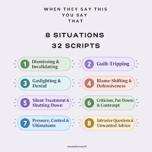 K&ouml;nnte beinhalten: Eine hellviolette Infografik mit dem Titel WHEN THEY SAY THIS YOU SAY THAT 8 SITUATIONS 32 SCRIPTS. Sie enth&auml;lt acht nummerierte, farbige, abgerundete rechteckige Schaltfl&auml;chen mit Kommunikationsszenarien: Dismissing & Invalidating, Guilt-Tripping, Gaslighting & Denial, Blame-Shifting & Defensiveness, Silent Treatment & Shutting Down, Criticism, Put-Downs & Contempt, Pressure, Control & Ultimatums und Intrusive Questions & Unwanted Advice.