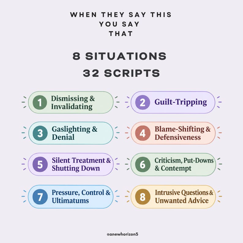 K&ouml;nnte beinhalten: Eine hellviolette Infografik mit dem Titel WHEN THEY SAY THIS YOU SAY THAT 8 SITUATIONS 32 SCRIPTS. Sie enth&auml;lt acht nummerierte, farbige, abgerundete rechteckige Schaltfl&auml;chen mit Kommunikationsszenarien: Dismissing & Invalidating, Guilt-Tripping, Gaslighting & Denial, Blame-Shifting & Defensiveness, Silent Treatment & Shutting Down, Criticism, Put-Downs & Contempt, Pressure, Control & Ultimatums und Intrusive Questions & Unwanted Advice.