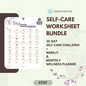 Könnte beinhalten: Ein digitales Selbstpflege-Arbeitsblatt-Bundle mit einer 30-Tage-Challenge, einem Wochen- und Monatsplaner für das Wohlbefinden. Das Bild zeigt ein lila-weißes Design mit dem Text "Self-Care Worksheet Bundle" und "30-Day Self-Care Challenge."