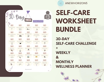 Op de afbeelding: Een digitale bundel met zelfzorgwerkbladen met een 30-daagse uitdaging, wekelijkse en maandelijkse wellnessplanner. De afbeelding toont een paars en wit ontwerp met de tekst "Self-Care Worksheet Bundle" en "30-Day Self-Care Challenge."