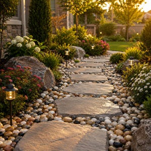 May include: A garden pathway featuring large, flat, gray stone pavers set into a bed of smooth, multi-colored river rocks. Small, black, solar-powered landscape lights are positioned along the edges, surrounded by green shrubs and flowers.
