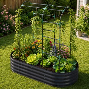 Galvanised Raised Garden Bed with Arched Trellis, Dark Gray Metal Planter Box