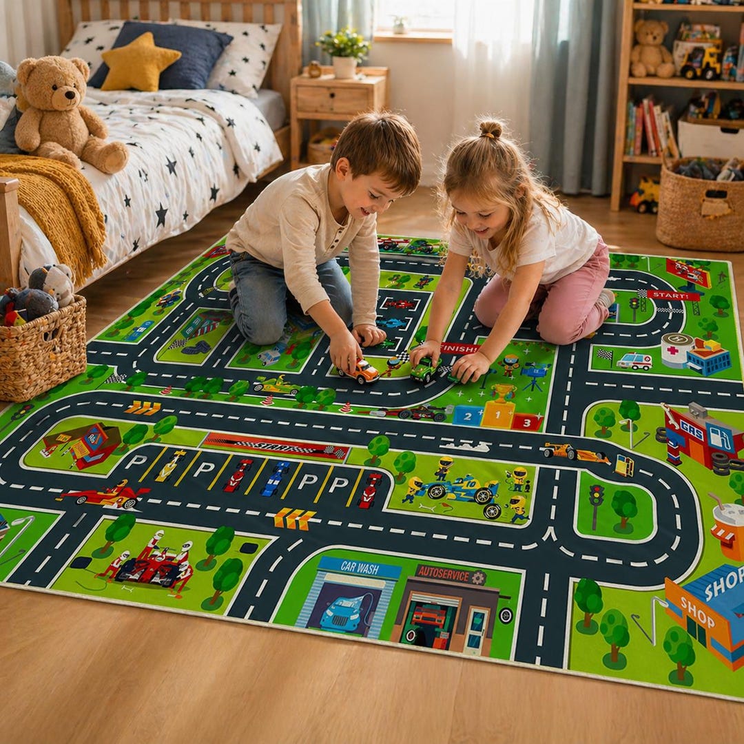 Kids City Road Map Play Rug, Washable Car Track Carpet, Toddler Nursery ...