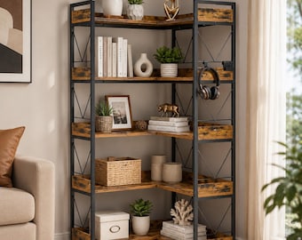 L-Shaped Corner Bookshelf, 5-Tier Rustic Brown Storage Shelf with Hooks