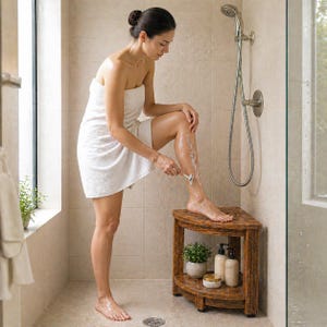 May include: A woman wrapped in a white towel shaves her leg in a shower. She is standing on a wooden corner shower bench. The shower has a silver shower head and a window.