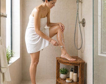 Corner Shower Bench with Storage Shelf, Waterproof Faux Wood Seat, Bathroom Stool