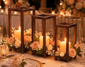 Set of 24 Rustic Cedar Lantern Centerpieces, Farmhouse Wedding Table Decor