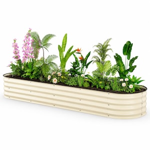 Galvanized Raised Garden Bed Kit, 7.9 Ft Cream Metal Planter Box, Safety Edging