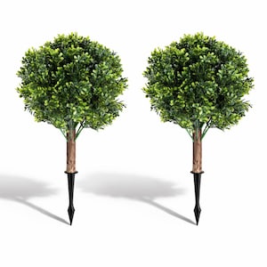 May include: Two artificial topiary trees with spherical green foliage. The trunks are brown, and the bases are black stakes for easy placement in the ground. The trees are ideal for outdoor or indoor decor.