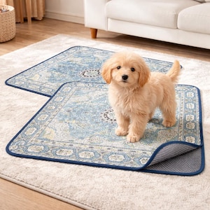 May include: A small, light brown puppy stands on a blue and cream-colored pet mat with a Persian rug design. The mat has a dark blue border and is placed on a light-colored rug. A second mat is visible in the background.
